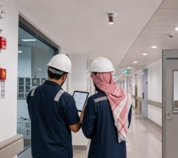 فريق سلامة يختبر أنظمة الحريق داخل مستشفى سعودي