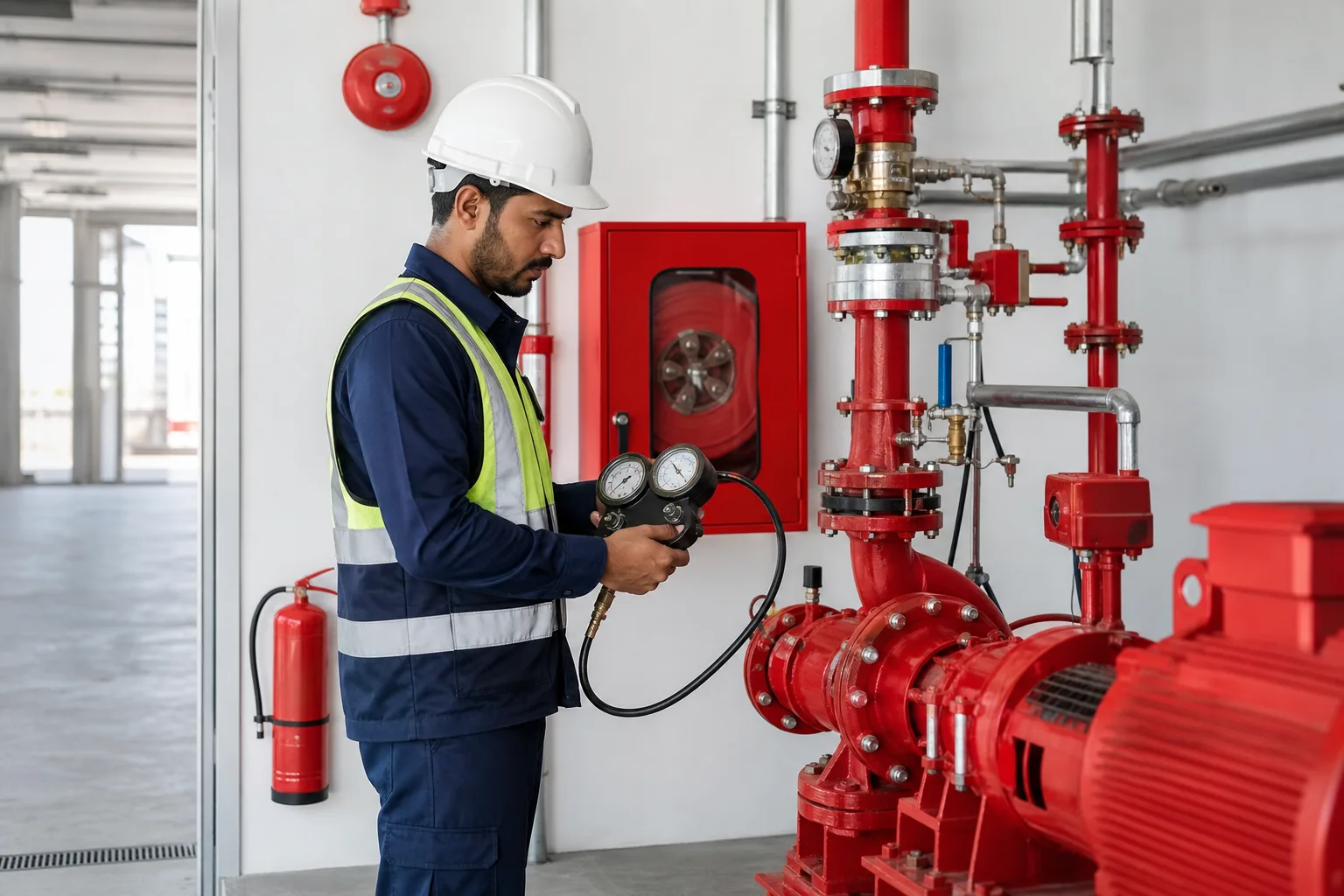 مهندس يختبر مضخات وشبكة إطفاء الحريق بعد التركيب في جدة