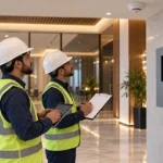 تصور توضيحي لمختصين يراجعان لوحة إنذار الحريق ووثائق الاختبار